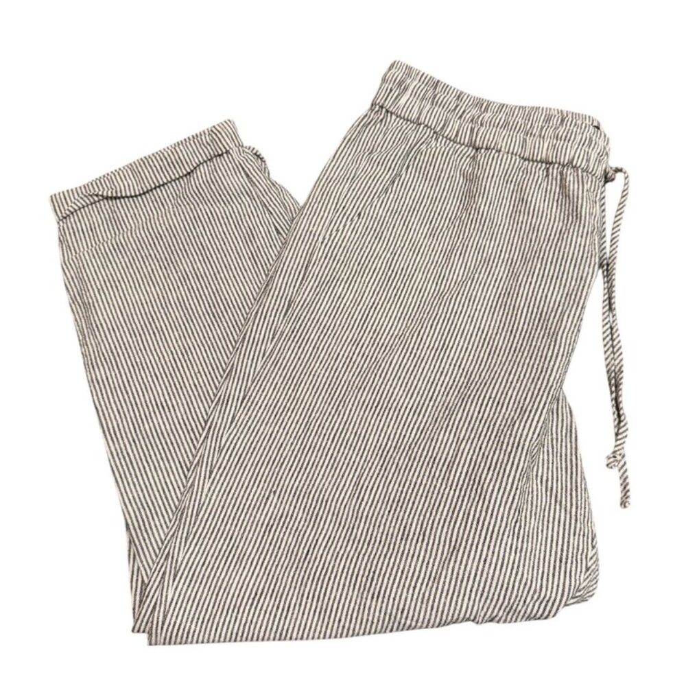 J. Crew linen grey and white striped capris with drawstring & elastic waistband